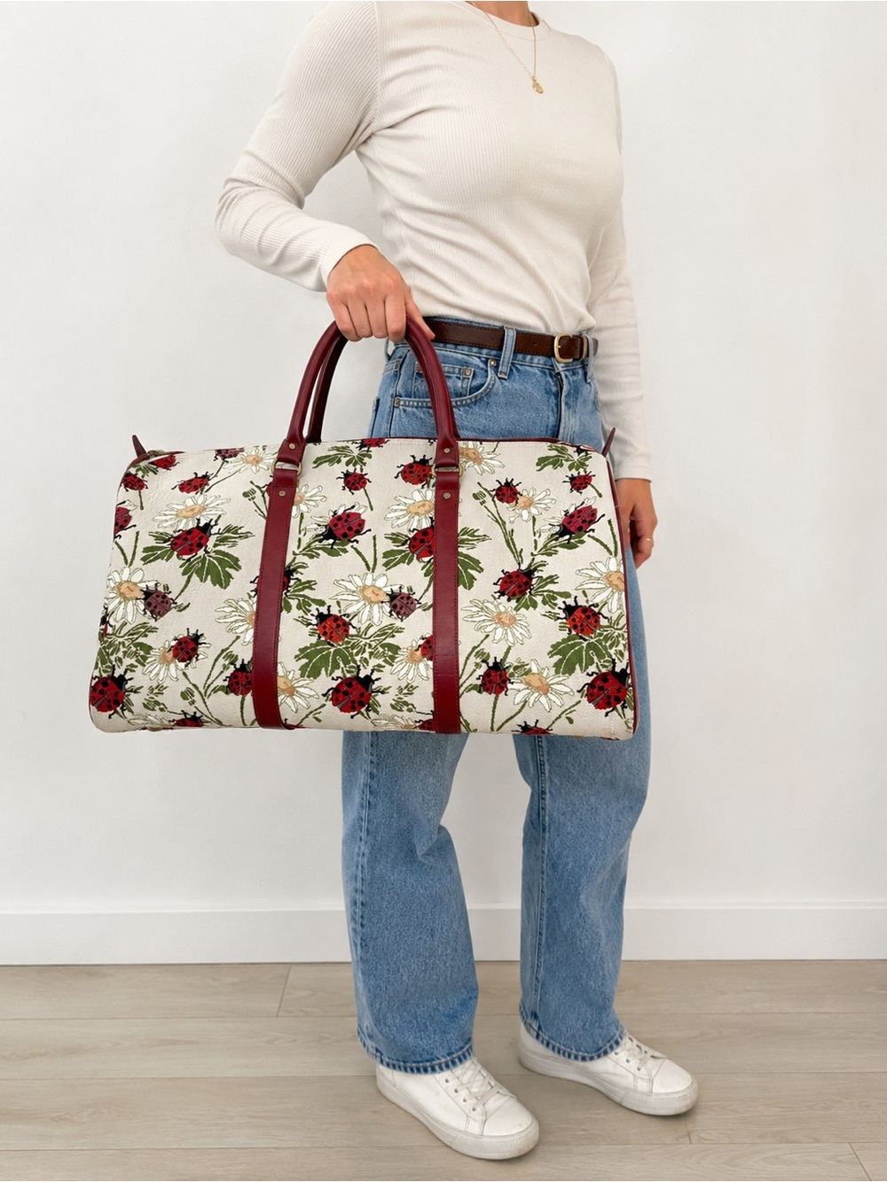 Signare Floral Ladybug Canvas Weekender Duffel Bag with Bordeaux Trim